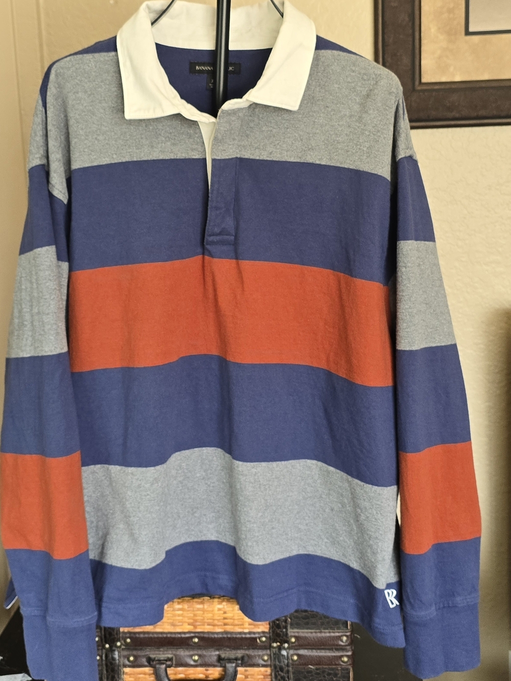 Banana Republic Men’s Striped Rugby Shirt Sz XL Blue, Gray & Orange